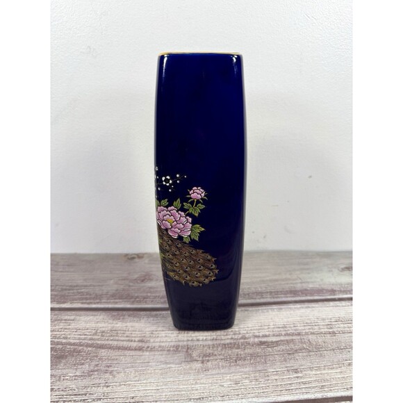 Cobalt Blue Peacock and Floral Vase 22-Gold Trim porcelain vtg - Picture 8 of 14